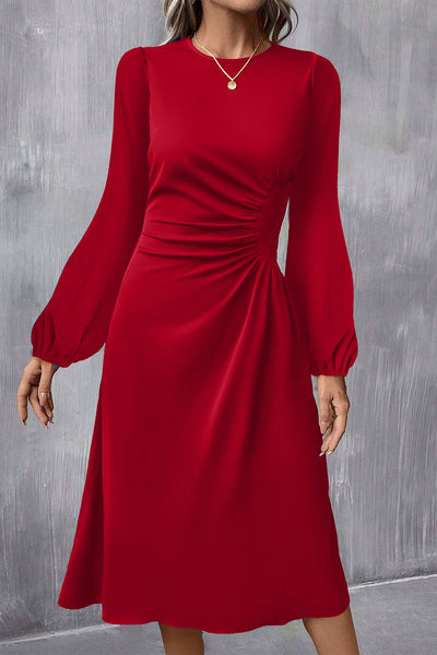 Women's Fiery Red Ruched Midi Dress with Bishop Sleeves