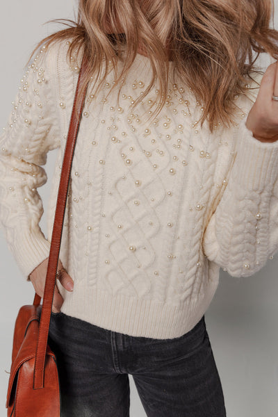 Beige Women's Cozy Cable Knit Sweater with Pearl Details - Chic Fall & Winter Essential for Effortless Style