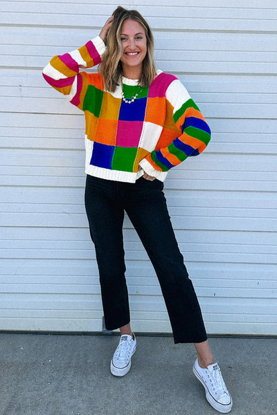 Cozy Women's Orange Checkered Color Block Sweater - Loose Fit Round Neck Knit Top for Effortless Casual Chic