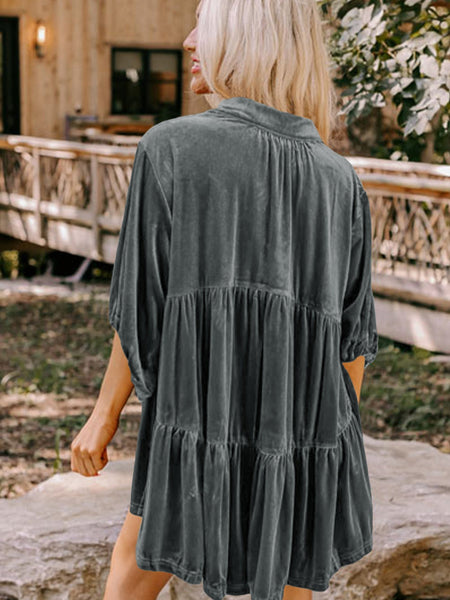 Velvety Dark Grey Babydoll Tunic with 3/4 Sleeves