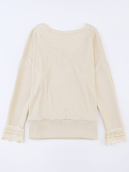 Women's Lace-Trimmed Ribbed V-Neck Blouse with Bell Sleeves