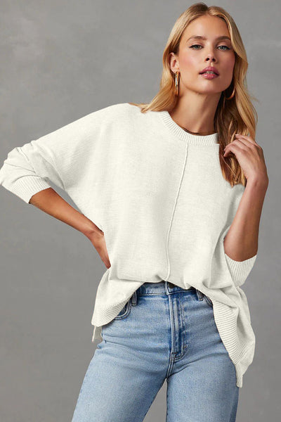 Cozy Women's White Drop Shoulder Pullover Sweater with Front Seam - Effortless Casual Chic for Everyday Style