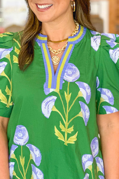 Chic Women's Green Floral Blouse with Short Puff Sleeves & Striped Contrast - Versatile V-Neck Top for Every Occasion