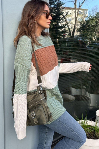Cozy Women's Green Color Block Knit Sweater with Cable Texture - Relaxed Fit for Effortless Casual Style