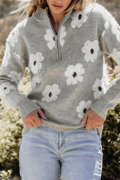 Cozy Women's Gray Floral Half-Zip Sweater - Chic Drop Shoulder Knit Pullover for Effortless Casual Style