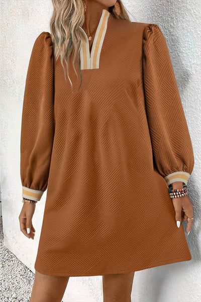Women's Chestnut Textured Shift Mini Dress with Contrast Trim