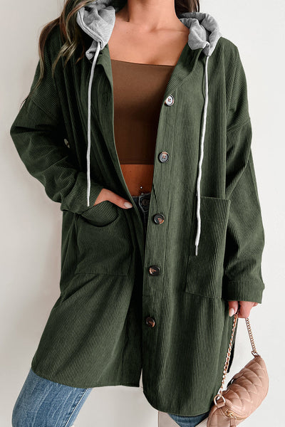 Stylish Women's Jungle Green Oversized Corduroy Hooded Shacket with Contrast Details for Ultimate Comfort