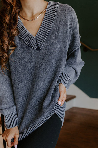 Women's Relaxed Fit Navy Blue V-Neck Knit Sweater with Drop Shoulders and Exposed Seams - Mineral Wash Style