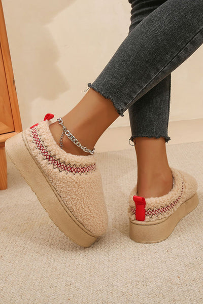 Cozy Women's Oatmeal Sherpa Snow Boots with Embroidery and Thick Sole for Stylish Winter Comfort