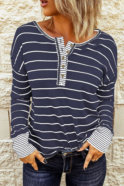Women's Casual Chic Navy Blue Striped Color Block Waffle Knit Button-Up Top for Effortless Everyday Style
