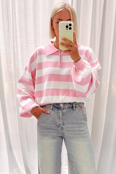 Effortless Casual Women's Pink Striped Sweater with Zipped Collar & Drop Shoulder for Ultimate Comfort and Style