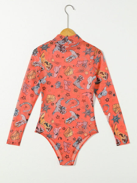 Rodeo Chic Orange Mesh Long Sleeve Bodysuit