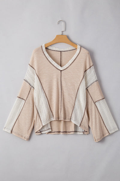 Women's High-Low Loose Top in Parchment with Crochet Detail and Exposed Seams for Effortless Style and Comfort
