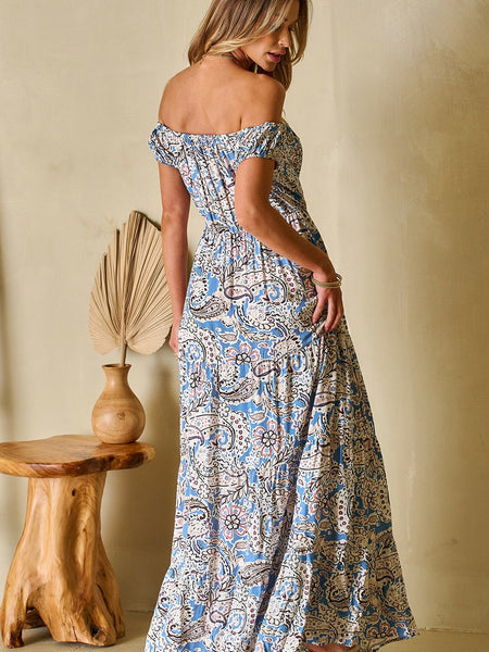 Printed V-Neck Off-Shoulder Short Sleeve Dress