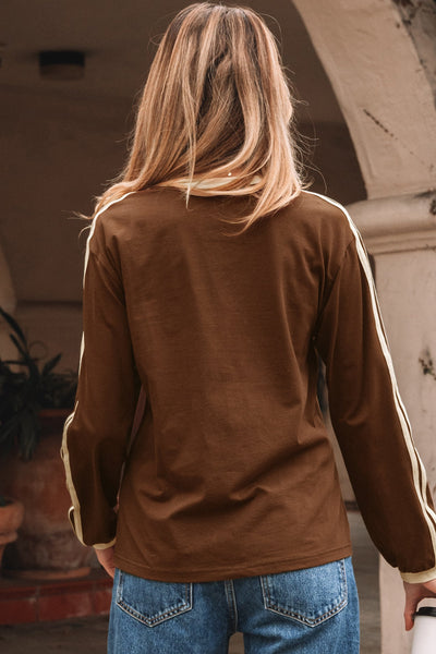 Women's Varsity Stripe Long Sleeve Cotton-Elastane Tee in Espresso