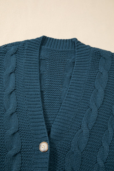 Cozy Women's Peacock Blue Cable Knit Cardigan with Button Front & Pockets - Chic Baggy Style for Casual Looks