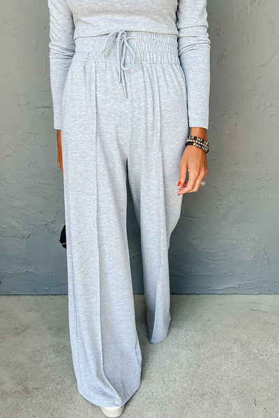 Women's Light Grey Long Sleeve High Neck Top & Smocked Waist Pants Set - Chic Slim Fit Outfit for Effortless Style
