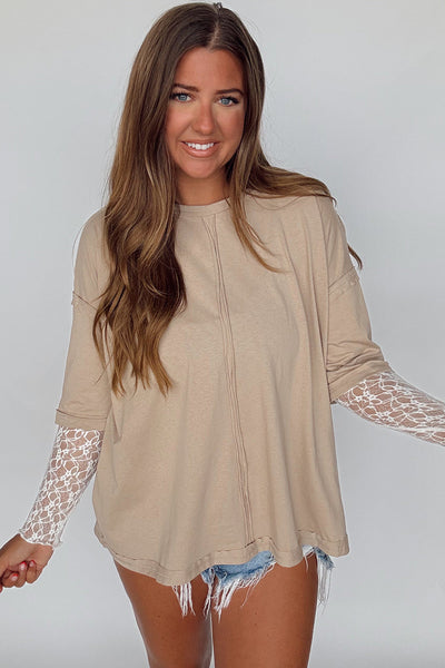 Women's Stylish Parchment Lace Patchwork Long Sleeve Tee with Raw Hem - Comfortable Everyday Top for Effortless Chic