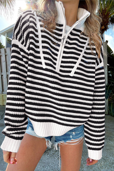 Chic Women's Black Stripe Zip-Up Sweater with Drop Shoulders - Cozy Casual Layering for Every Occasion
