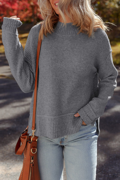 Women's Medium Grey Waffle Knit High Neck Sweater with Drop Shoulder