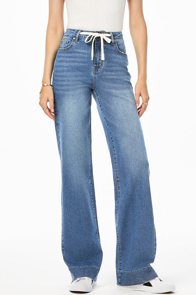 Light Blue Lace-Up Straight Leg Jeans for Women - Casual Chic Denim with Zip Fly for Effortless Everyday Style
