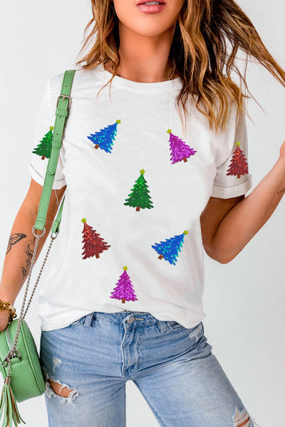 Women's Sequined Christmas Tree Graphic Tee with Rolled Cuffs