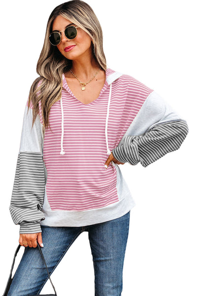 Casual Women's Pink Striped Color Block Hooded V-Neck Top - Loose Fit with Adjustable Drawstring for Comfortable Style