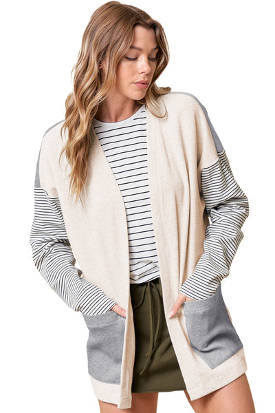 Trendy Women's Black and White Stripe Colorblock Cardigan with Pockets  Stylish Open Front Layer for Casual Chic Outfit
