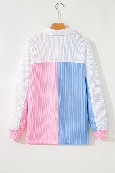 Women's Cozy Multicolor Color Block Waffle Knit Long Sleeve Top with Button Neck - Perfect for Casual Everyday Style
