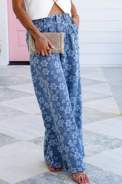 Stylish Women's Sky Blue Floral Wide Leg Denim Pants with Pleated Waist for Ultimate Comfort and Effortless Chic