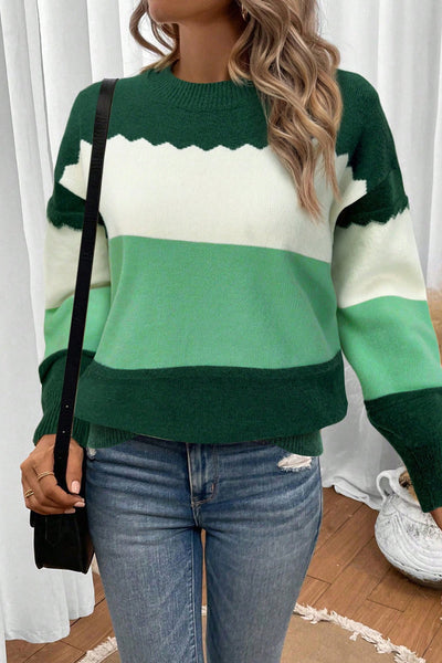 Women's Cozy Green Colorblock Drop Shoulder Sweater - Chic Crew Neck Knit Pullover for Casual Everyday Wear