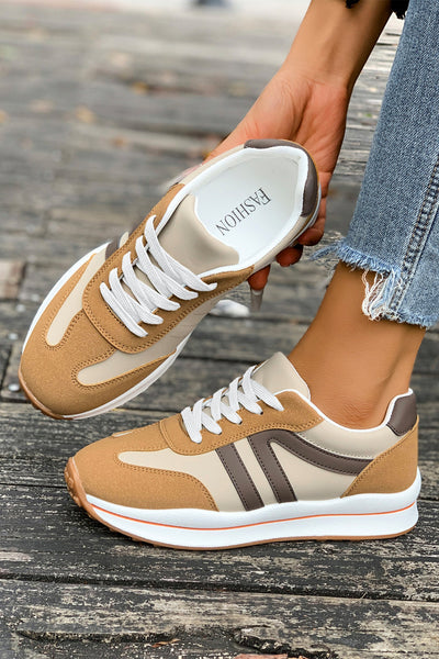 Women's Camel and Coffee Color Block Lace-Up Sneakers