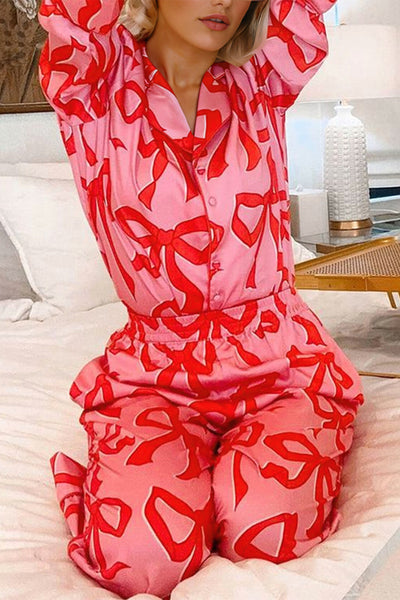 Cozy Women's Pink Bow Print Long Sleeve Pajama Set - Stylish 2-Piece Sleepwear for Comfortable Nights