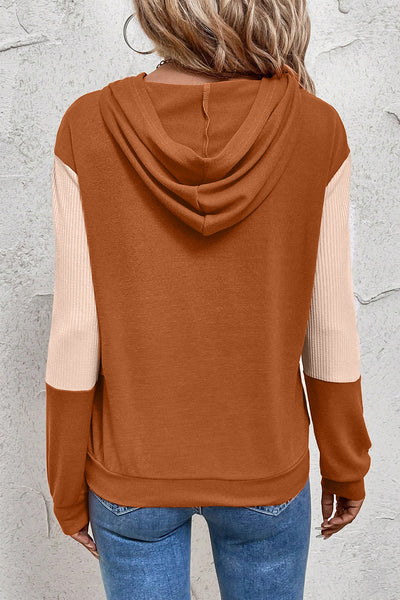 Trendy Women's Gold Flame Contrast Ribbed Pullover Hoodie with Unique Patchwork and Crossed Neckline for Cozy Comfort