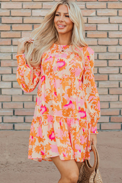 Trendy Women's Orange Abstract Print Ruffle Mini Dress with Smocked Lantern Sleeves for Summer Fashion