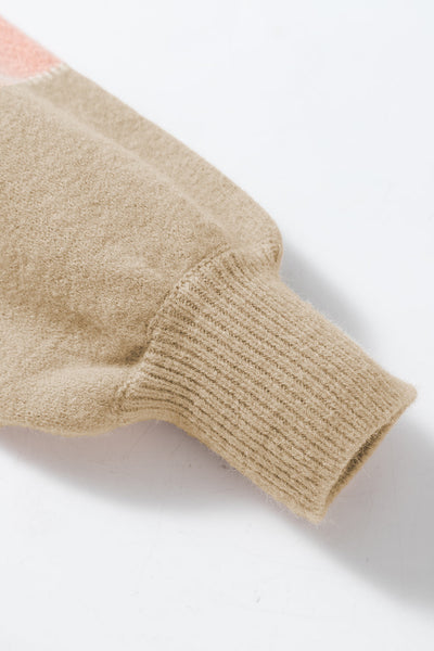 Cozy Dusty Pink Color Block Sweater for Women with Lantern Sleeves & Drop Shoulders - Chic Knitwear for Any Occasion