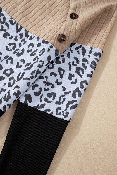 Stylish Women's Black Cheetah Print Button-Up T-Shirt with Textured Patchwork - Casual Fit Round Neck Top