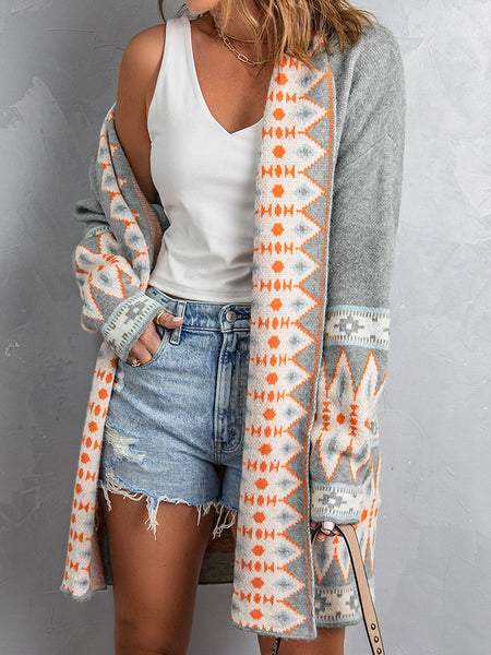 Plus Size Casual Cardigan, Women's Plus Letter Print Long Sleeve Open Front Cardigan
