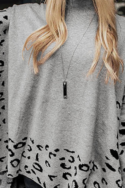 Cozy Gray Leopard Print High Neck Oversized Sweater for Women with Side Slit - Perfect for Stylish Fall Outfits