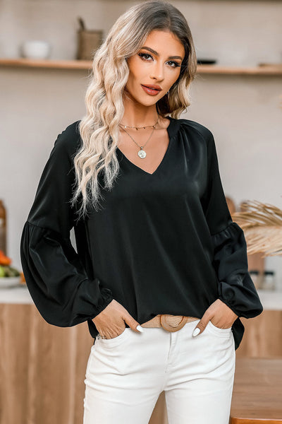 Chic Women's Black V-Neck Puff Sleeve Top Stylish & Comfortable for Effortless Casual Outfits