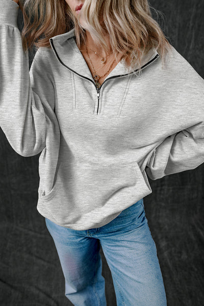 Cozy Women's Light Grey Zip-Up Sweatshirt with Stand Neck & Kangaroo Pocket - Perfect for Everyday Casual Style