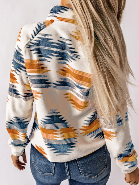 Aztec Patterned Snap Button Fleece Jacket
