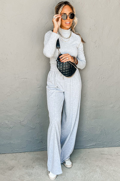 Women's Light Grey Long Sleeve High Neck Top & Smocked Waist Pants Set - Chic Slim Fit Outfit for Effortless Style