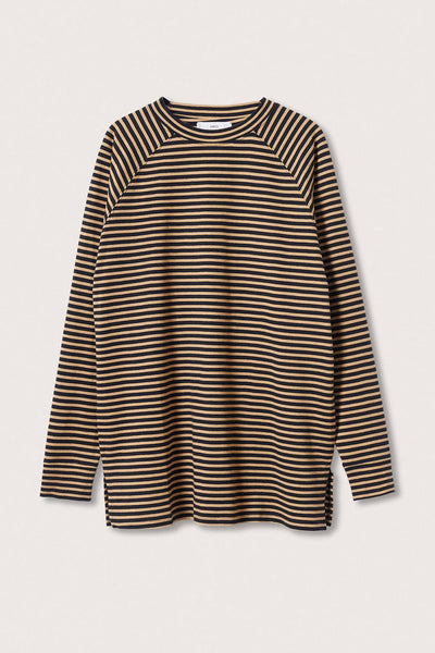 Women's Casual Chic Black Striped Long Sleeve Top with Side Splits - Loose Fit for Everyday Wear