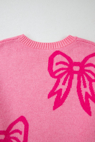 Women's Cozy Pink Bow Patterned Drop Shoulder Sweater - Relaxed Fit for Casual Comfort and Everyday Style