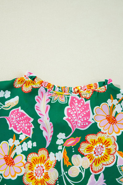 Women's Green Floral Puff Sleeve V-Neck Peplum Blouse - Chic & Flattering Top for Casual or Dressy Events