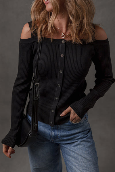 Chic Black Ribbed Knit Cold Shoulder Sweater with Button Front for Trendy Women‚Äôs Fashion