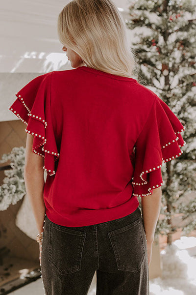 Chic Women's Racing Red Sweater with Pearl Embellishments and Double Ruffle Short Sleeves - Trendy Fit for Stylish Looks