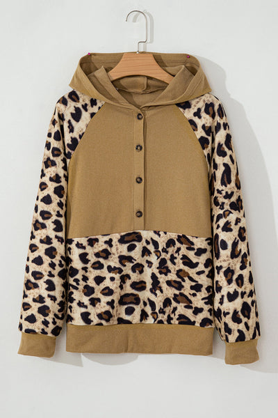 Light Beige Leopard Print Patchwork Hoodie for Women - Casual Raglan Sleeve Design with Half Buttons