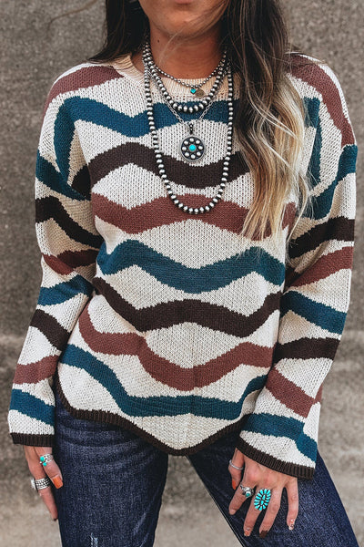 Trendy Women's Multicolor Retro Wave Knit Sweater Cozy Fitted Design for Casual Chic Style